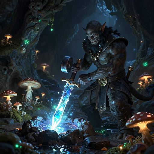 Troll Blacksmith Forging Crystal Sword in Luminous Cavern