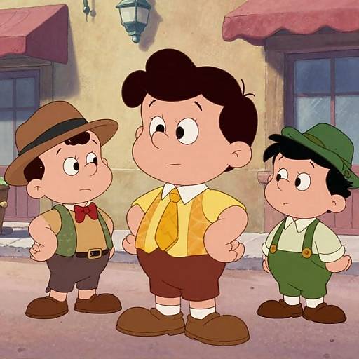 Cartoon image of three young boys in vintage clothing standing on a street with a yellow wall and red awnings.