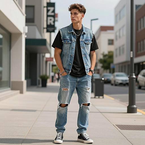 Young man in denim vest and ripped jeans on urban sidewalk