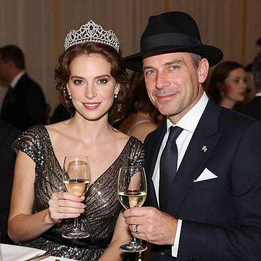 Photograph of a smiling couple in formal attire: she wears a sparkling black dress and silver tiara, he in a black suit and hat, both