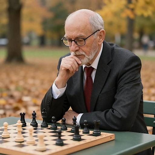Elderly Man Concentrating on Chess in Park