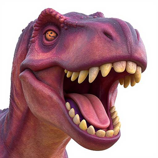Close-up digital CGI of a fierce, purple-scaled, roaring dinosaur with sharp teeth, yellowed fangs, and glowing orange eye, set against