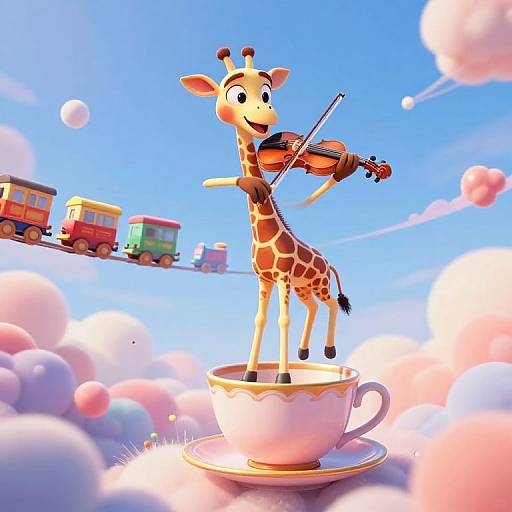 Whimsical Giraffe Playing Violin on Teacup
