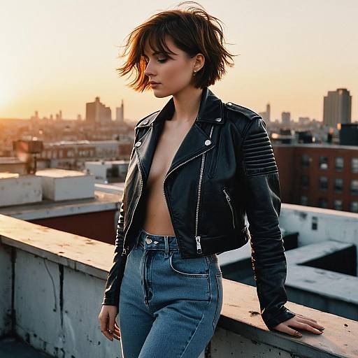 Fashion Model with Short Shag Hairstyle on Rooftop