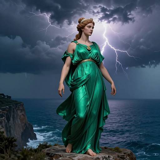 Photograph-style digital art of a goddess in a shimmering green dress, standing on a cliff, with dark stormy sky and bright lightning behind her