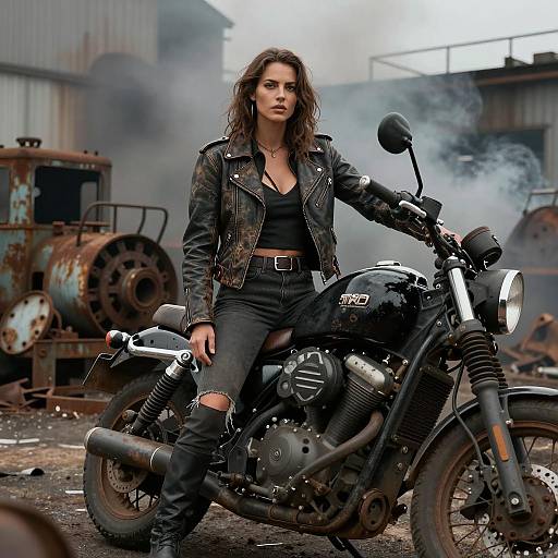 Woman in Leather Jacket on Motorcycle in Industrial Setting