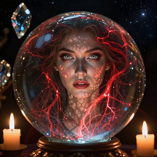 Digital art: Glass snow globe with glowing red veins on a woman's face, surrounded by candles and starry night background.