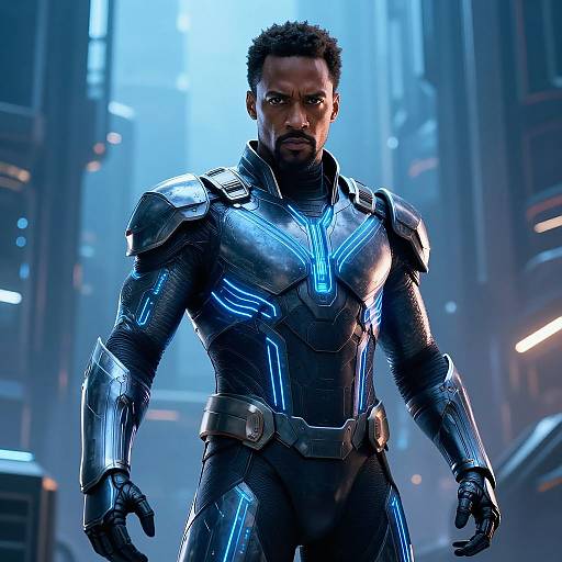 Photorealistic CGI of a muscular Black man with short curly hair, wearing a glowing blue and black futuristic armored suit, standing confidently in a neon-l