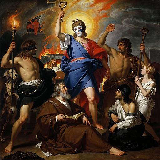 Baroque-style painting of six biblical figures, central woman with halo, raised torch, surrounded by muscular men, burning background, intense expressions.