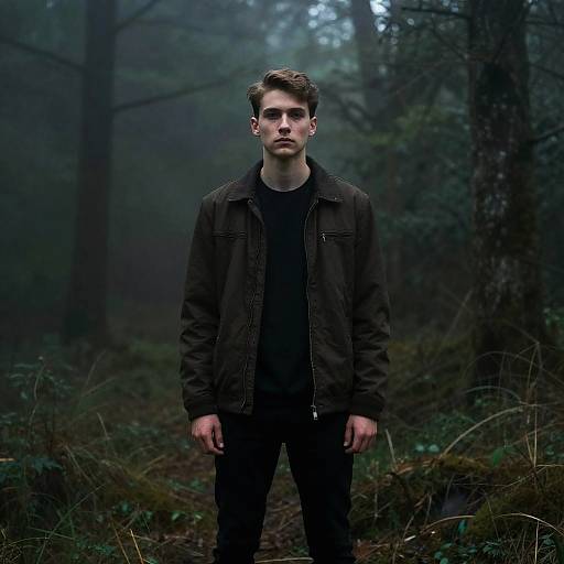 Photograph of a serious young man with short brown hair, wearing a black jacket and shirt, standing in a misty, dark forest.