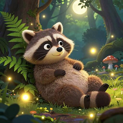 CGI cartoon raccoon with fluffy fur, sitting in a magical forest, surrounded by glowing fireflies, mushrooms, and ferns. Bright moonlight