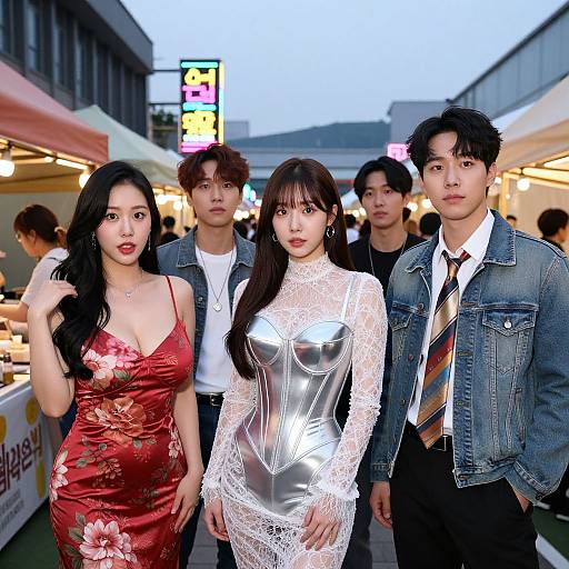 Photograph of four Asian individuals at a bustling evening market: two women in revealing dresses (red floral and silver lace), two men in casual attire (