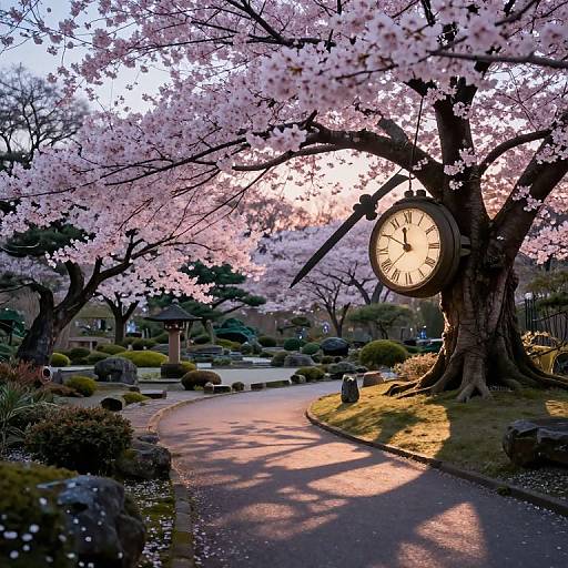 Photograph of a sunlit cherry blossom tree with a large, round clock mounted on its trunk, casting shadows on a winding path. Pink blossoms