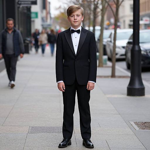Photograph of a young boy in a black tuxedo with a white shirt and bow tie, standing on a city sidewalk, blurred background with pedestrians