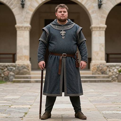 Photograph of a bearded, muscular man in medieval knight attire, standing in a stone courtyard with arched stone columns in the background.