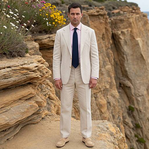 Photograph of a serious, dark-haired man in a white suit, blue tie, and beige shoes standing on rocky cliff with colorful wildflowers in the