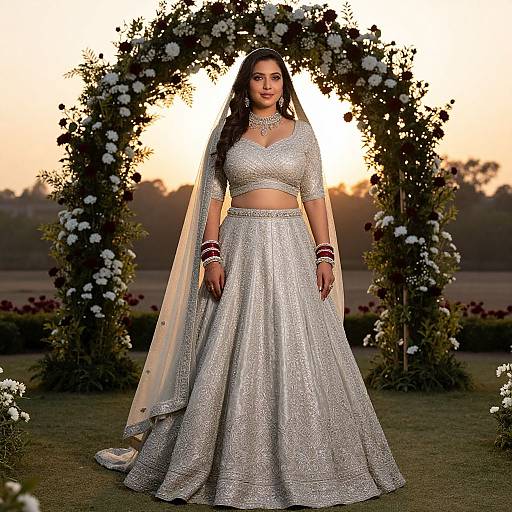 Photograph of a beautiful Indian woman in a sparkling silver traditional lehenga and choli, standing under an archway of white flowers at sunset.