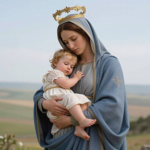 Photograph-style digital art of a serene Mary with blue cloak and golden crown, cradling sleeping Baby Jesus in white dress, set against a blurred