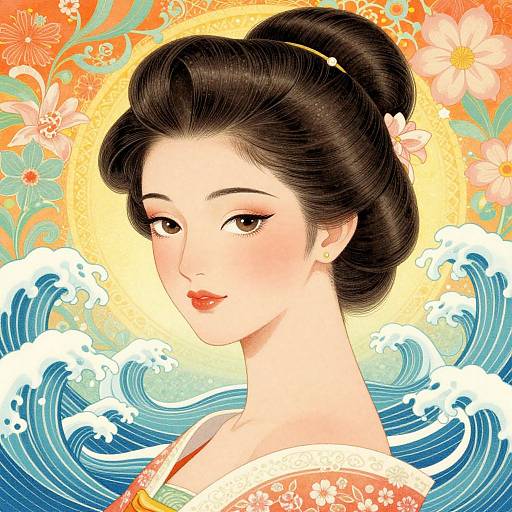 Digital illustration of an Asian woman with black hair in an updo, wearing a floral kimono, surrounded by vibrant waves and sunflower background.