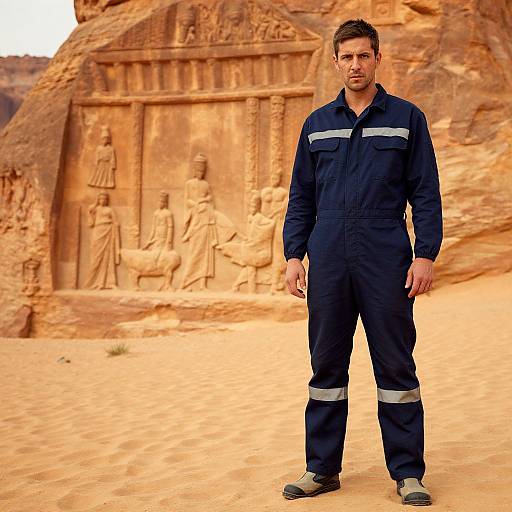 Photograph of a serious man in navy work coveralls with gray stripes, standing in front of an ancient, sunlit, sandstone carving of three