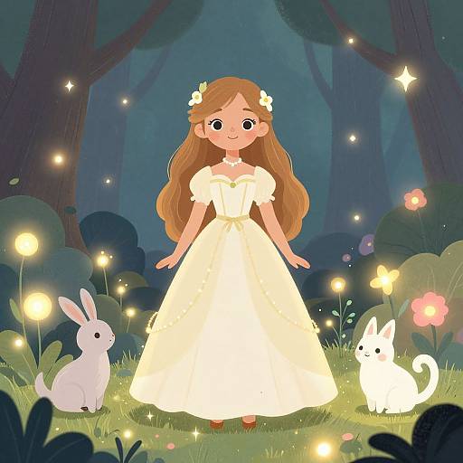 Cartoon-style drawing of a brown-haired girl in a glowing white dress standing in a magical forest with glowing fireflies, a white bunny on the left