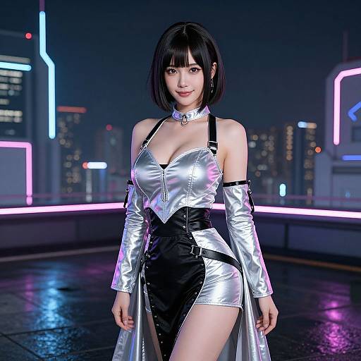 Digital art of an Asian woman with black bob haircut, wearing a shiny silver and black futuristic bodysuit, standing on a neon-lit rooftop at
