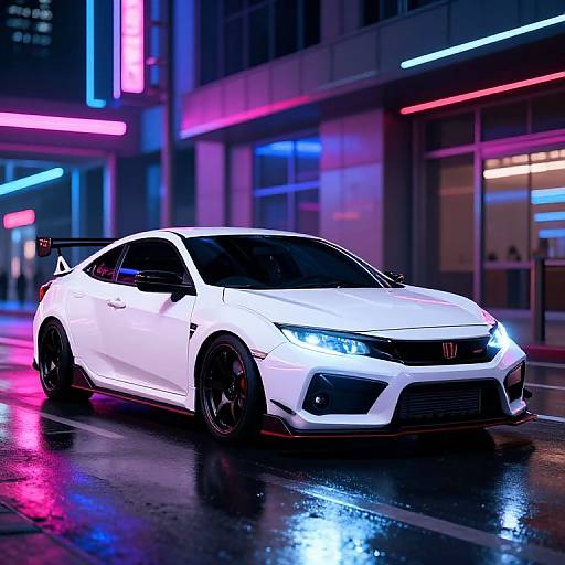 Photograph of a white, high-performance Honda Civic hatchback with neon blue and pink city lights reflected on a wet, urban street at night.