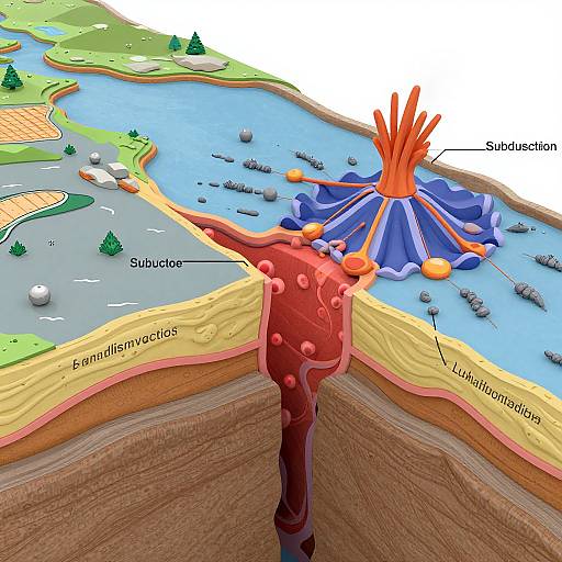 Cross-sectional diagram of a geothermal system, showing subsurface magma chamber, heat flux, liquid water, and surface volcanic activity with labeled components.