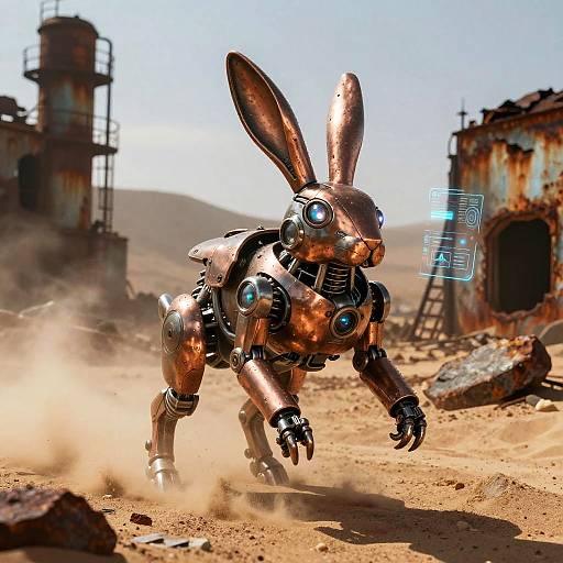 Photorealistic CGI of a metallic, robotic bunny with glowing blue eyes and joints, running through a dusty, sunlit desert with rusted, abandoned