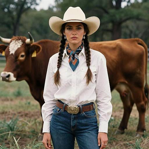 Cowgirl in Western Attire with Cow