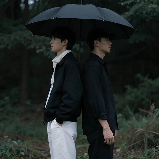 Two Men Back-to-Back Under Umbrella