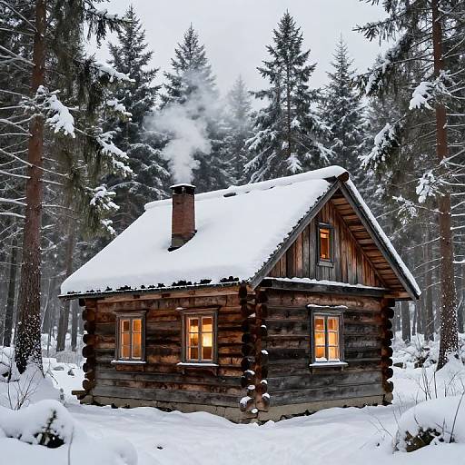 Rustic Wooden Cabin in Snowy Forest