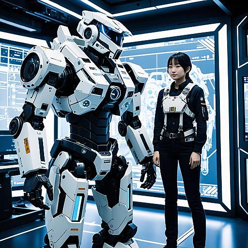 Rookie Mech Instructor with Support Mech in High-Tech Simulation Room