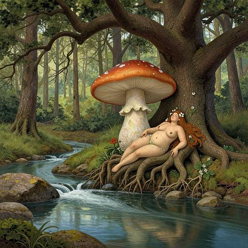 Digital fantasy art of a nude, fair-skinned woman with red hair, flowers in hair, reclining against a giant mushroom tree in a forest by