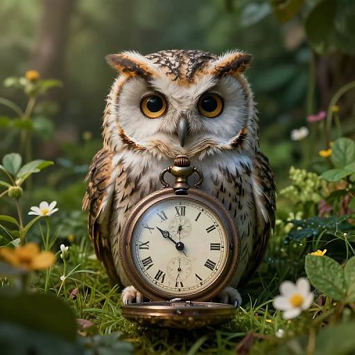 Photorealistic image of a detailed, large owl with brown and white feathers, wide yellow eyes, and a vintage pocket watch strapped to its chest,