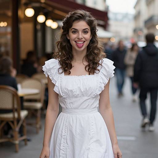 Photograph of a smiling woman with long curly brown hair, wearing a white, short-sleeved, ruffled dress, standing on a bustling urban