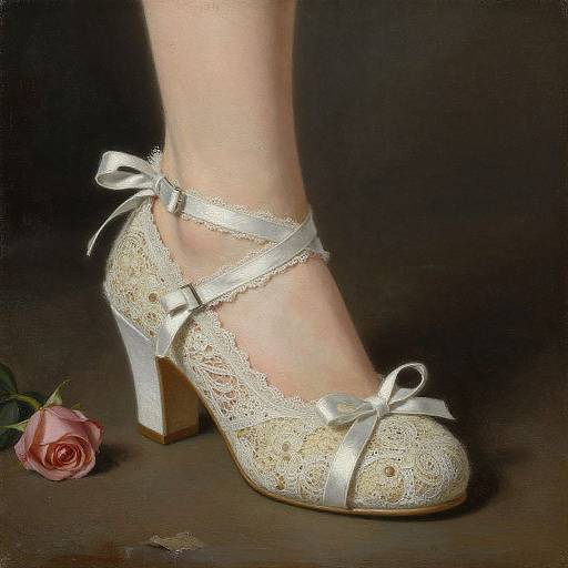 Photograph of a pale-skinned woman's foot in a white lace and satin high-heeled shoe with bows, beside a pink rose on a dark