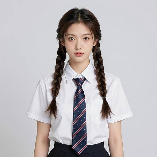 Young Woman in School Uniform with Twin Braids