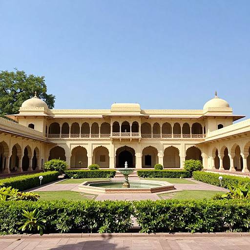 Photograph of a yellow, two-story Mughal-style palace with arched balconies, domed roofs, central fountain, and manicured garden