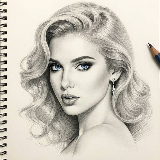 Monochromatic pencil drawing of a beautiful woman with wavy blonde hair, striking blue eyes, and elegant earrings, looking directly at the viewer. P