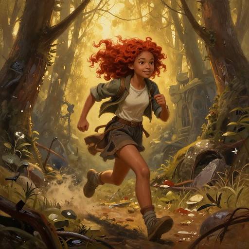 Digital painting of a red-haired, dark-skinned girl running through a sunlit, enchanted forest with mushrooms, rocks, and glowing light. She wears
