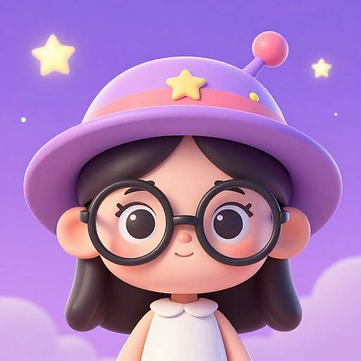 CGI cartoon girl with large round glasses, black hair, purple hat with star and button, white sleeveless top, smiling, purple-blue starry