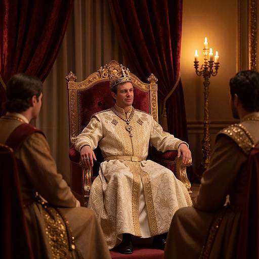 Photograph of a regal man in an ornate gold crown and white embroidered robe, seated on a richly decorated throne, surrounded by three men
