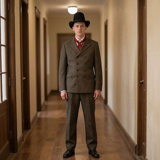 Photograph of a young man standing in a long, dimly-lit hallway. He wears a gray suit, red tie, black hat, and