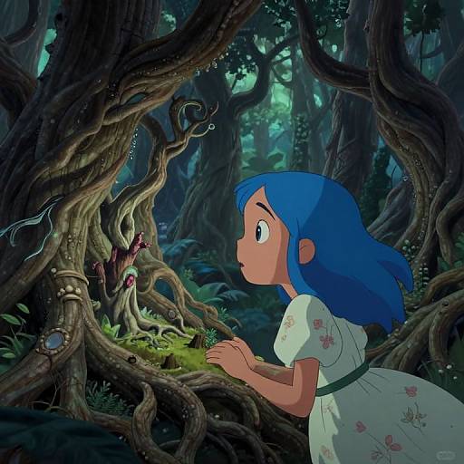 Anime-style drawing of a blue-haired girl in a white dress, peering at a glowing butterfly on twisted forest roots.
