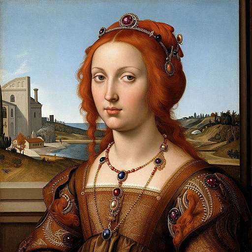Renaissance portrait of a fair-skinned, red-haired woman with intricate jewelry and ornate dress, gazing calmly at a serene, sunlit