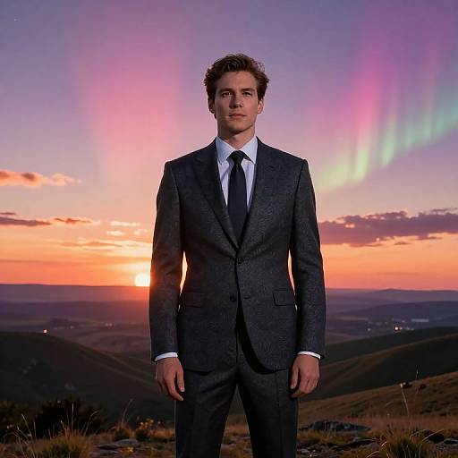 Photograph of a young man with curly brown hair in a dark gray suit, white shirt, and black tie, standing against a vivid sunset with colorful