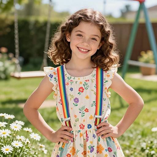 Photograph of a smiling young girl with curly brown hair, wearing a white floral dress with rainbow suspenders, standing in a sunny garden with dais