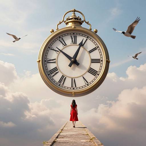 Photograph: Giant antique clock face above a red-dressed woman on a stone pathway with flying birds, under a bright, cloudy sky.