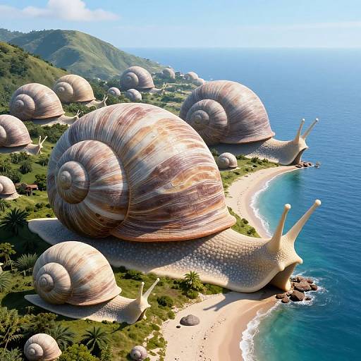 Photorealistic CGI of giant snails with large, striped shells on a tropical beach, with lush green hills and ocean in background.